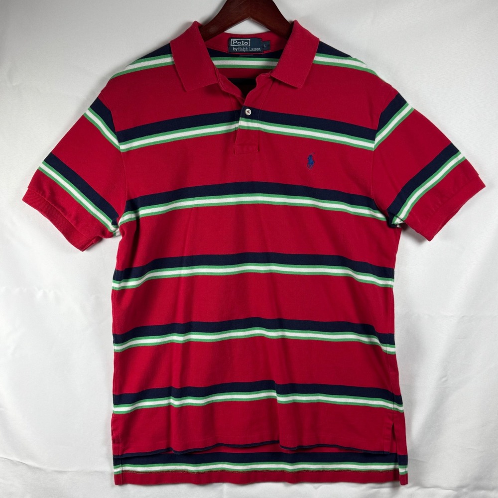 Polo Ralph Lauren Mens Large Red Striped Short Sleeve Cotton Pique Polo Shirt